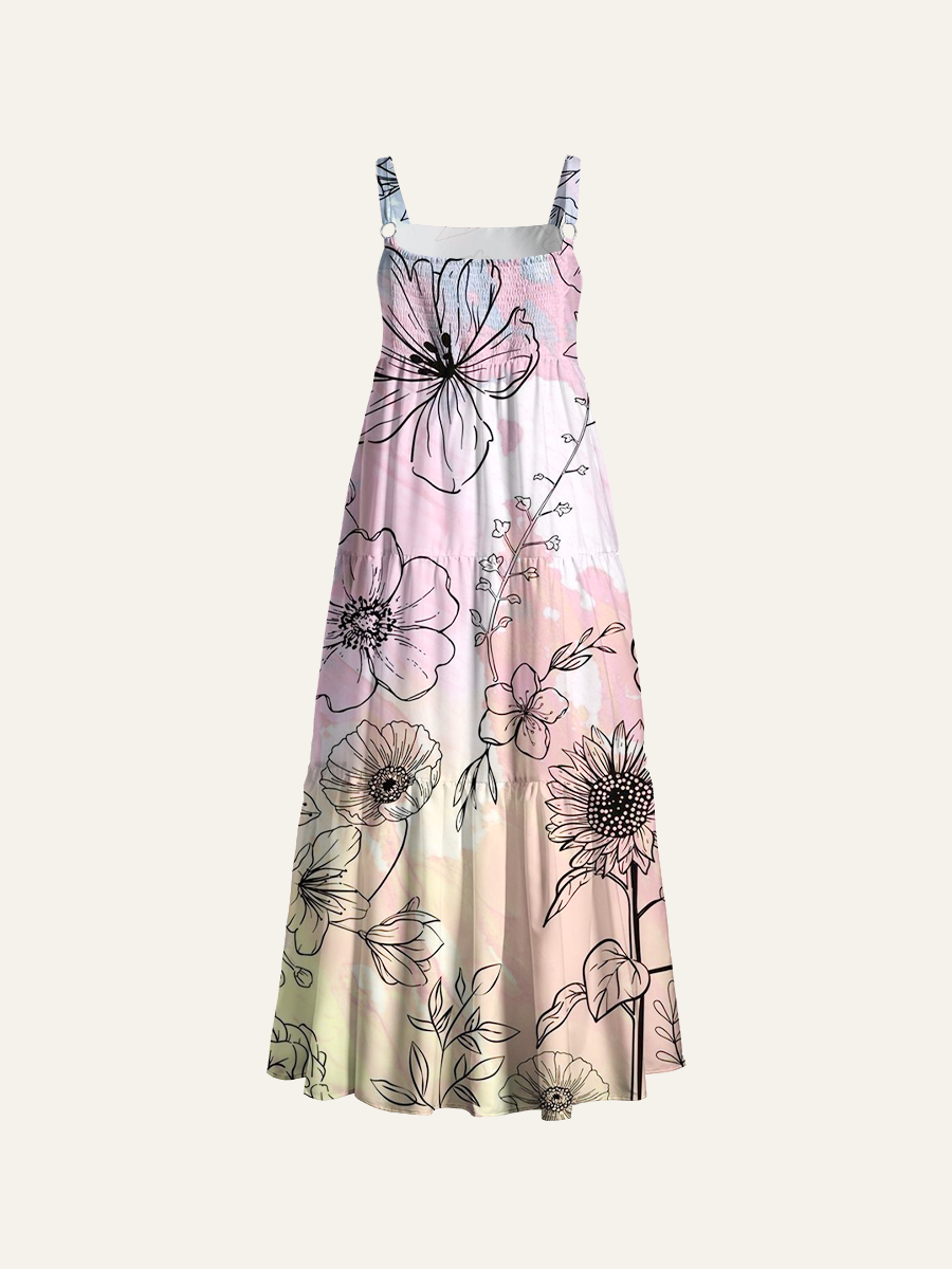 Watercolor Botanical Linework Pattern Adjustable Wide Straps Maxi Dress
