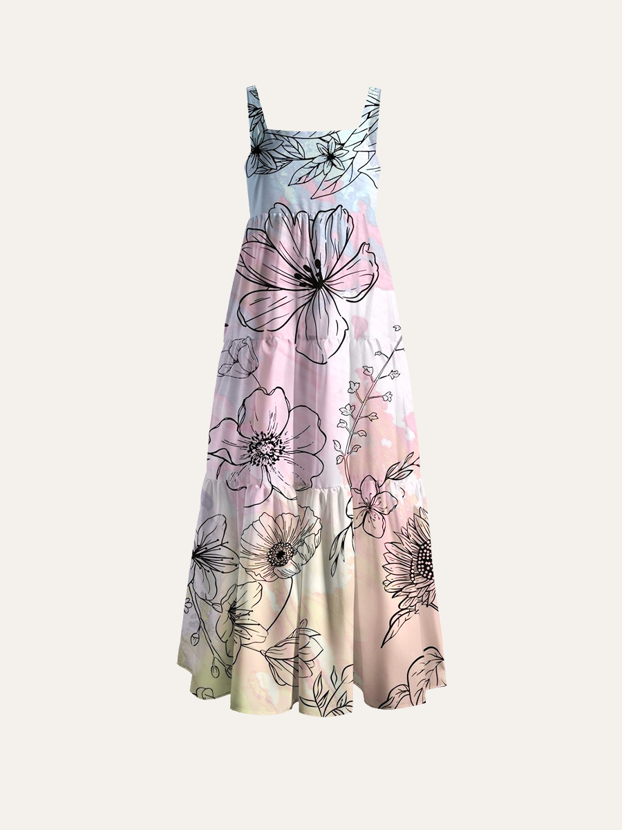 Watercolor Botanical Linework Pattern Adjustable Wide Straps Maxi Dress