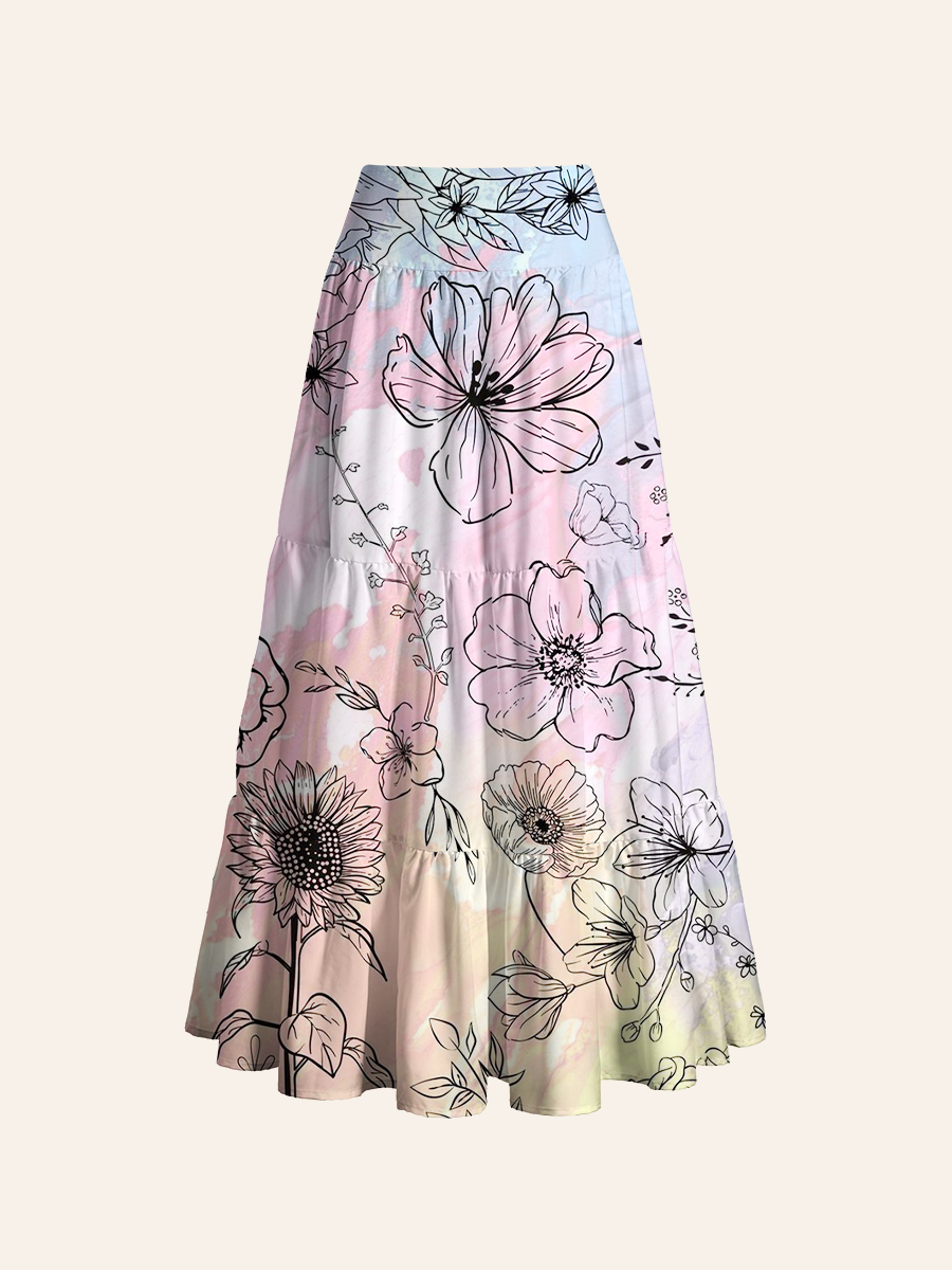 Watercolor Botanical Linework Pattern Cake-tier Midi Skirt