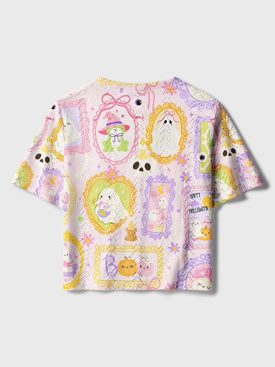 Groovy Flower Ghost Peace Symbol Crochet Button Down Cardigan