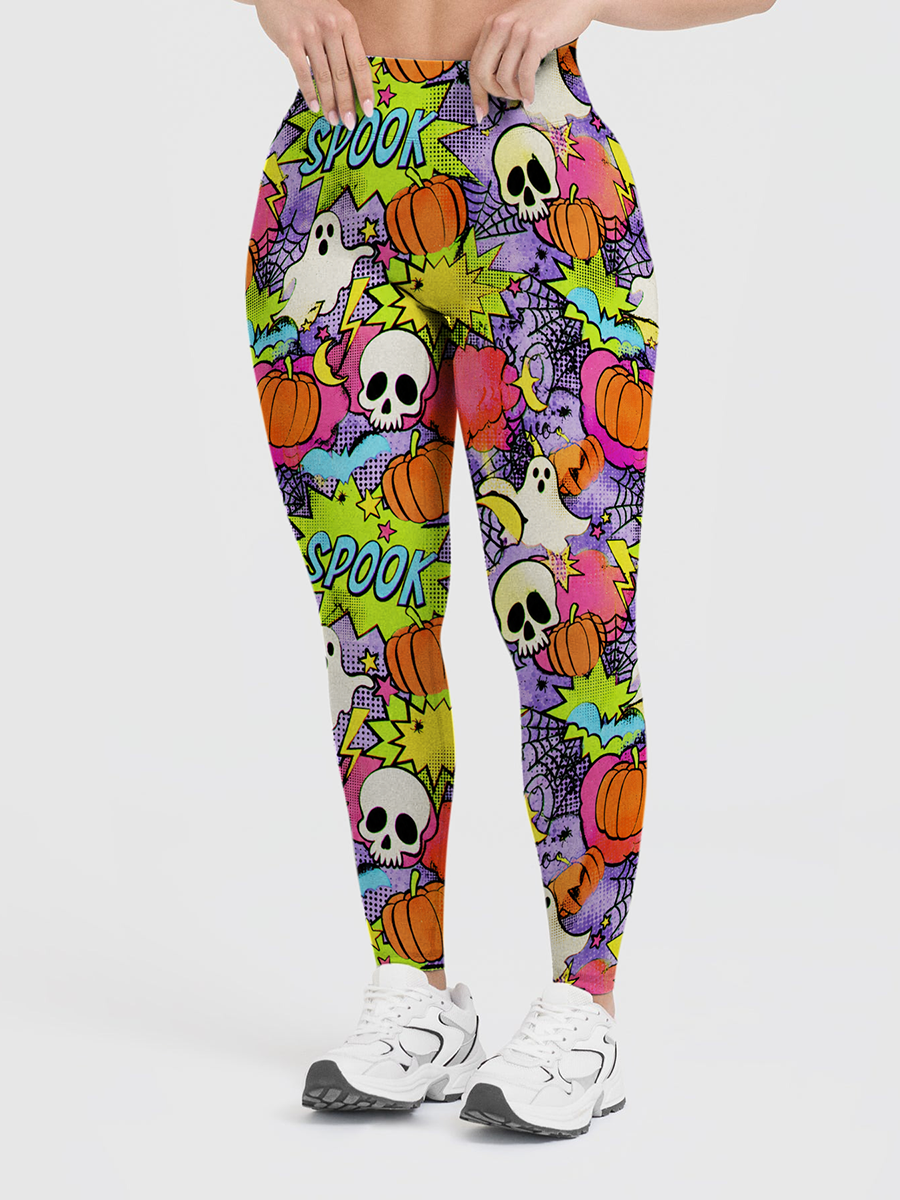 Vintage Pop Comic Halloween Ghost Pumpkin SPOOK Word Leggings