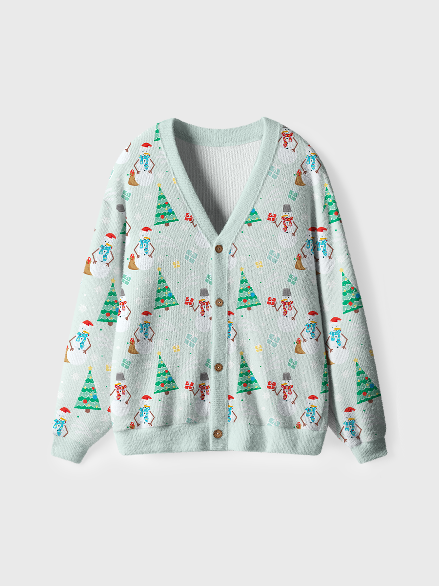 Vintage Light Green Snowman Tree Christmas Ugly Cardigan Sweaters