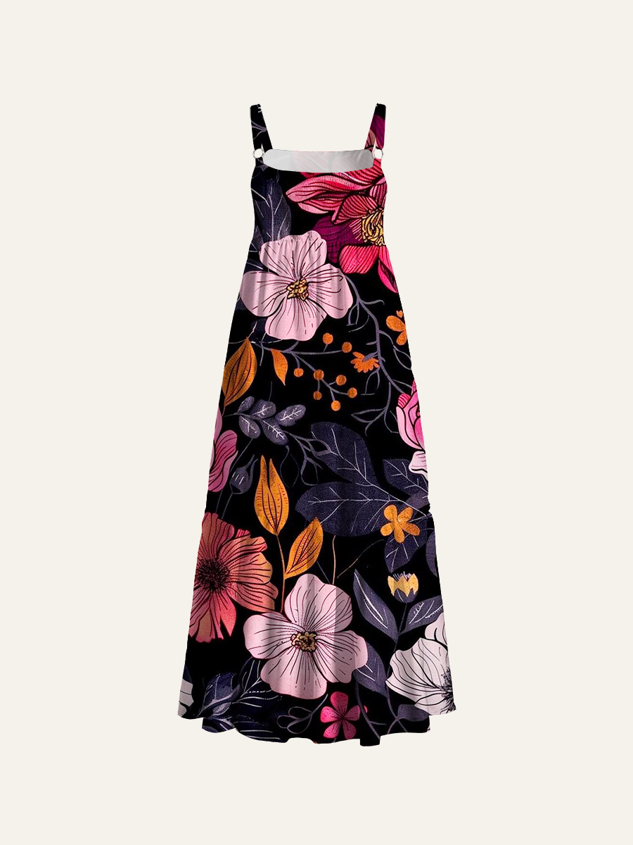 Midnight Blush Floral Print Adjustable Wide Straps Maxi Dress