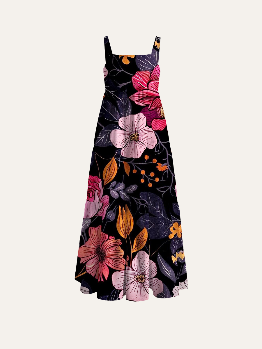 Midnight Blush Floral Print Adjustable Wide Straps Maxi Dress