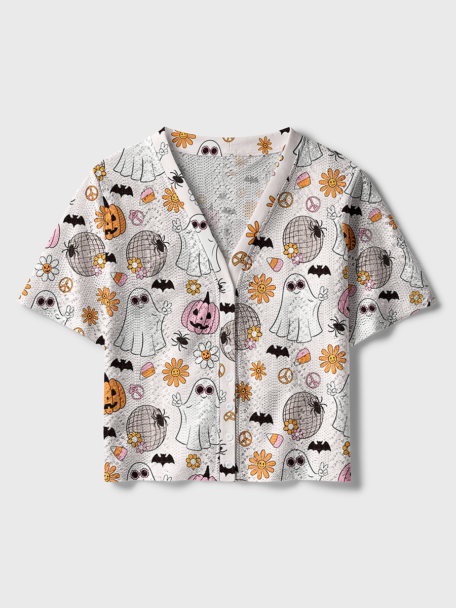 Retro Groovy Ghost Peace Sign Crochet Button Down Cardigan