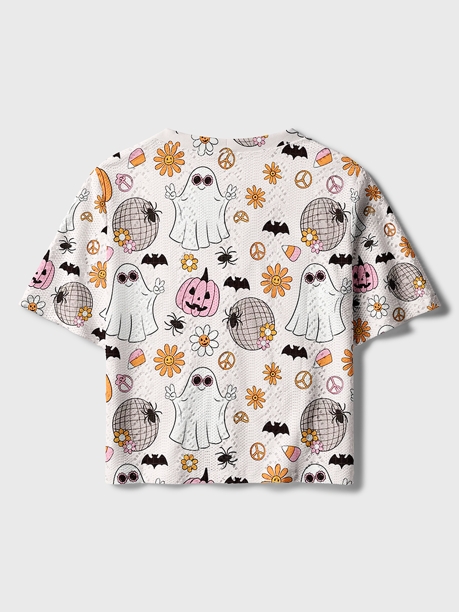 Retro Groovy Ghost Peace Sign Crochet Button Down Cardigan