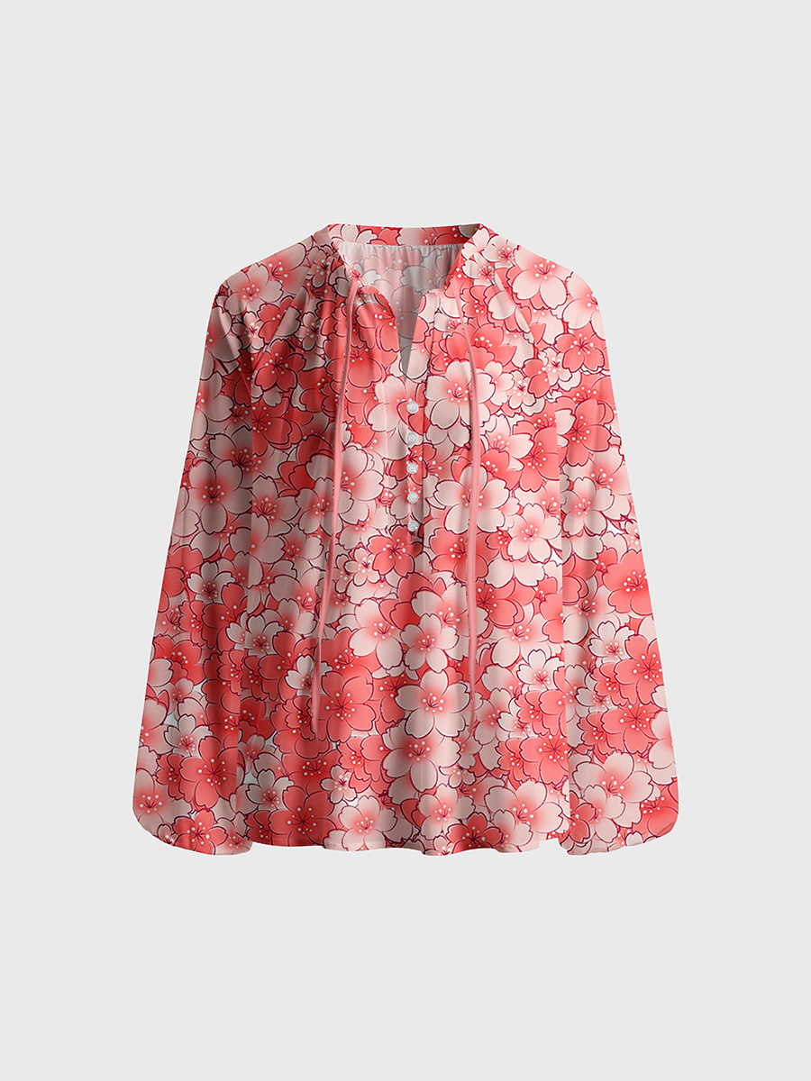 Pink Cherry Blossom Heart Neck Tie Blouse