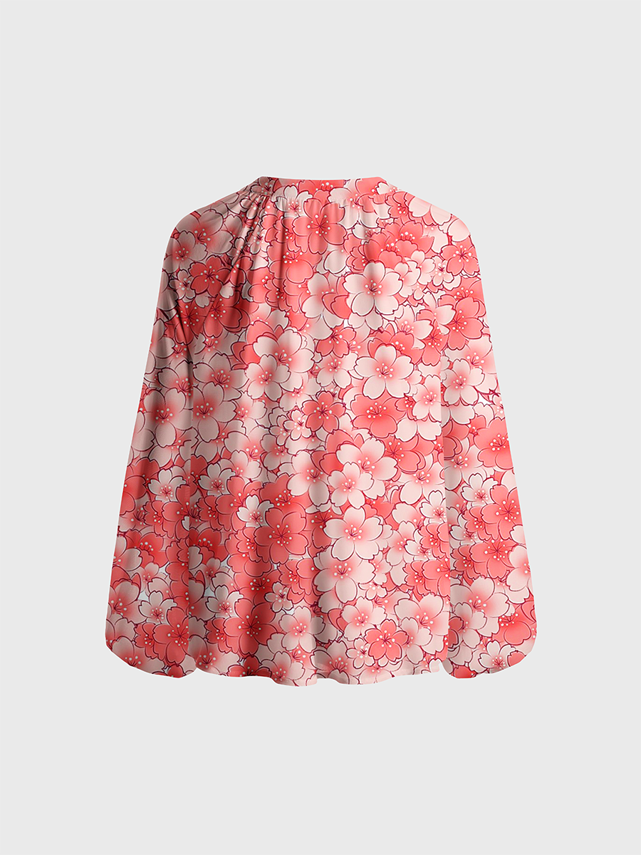 Pink Cherry Blossom Heart Neck Tie Blouse