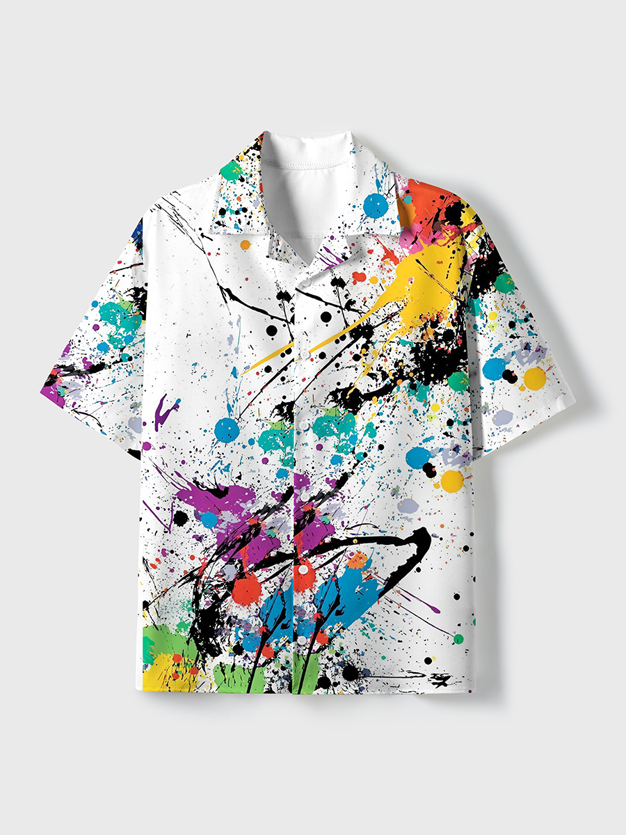 Splatter Paint Abstract Unisex Hawaiian Beach Set Camp Collar Shirt And Shorts For Casual Summer Vacation