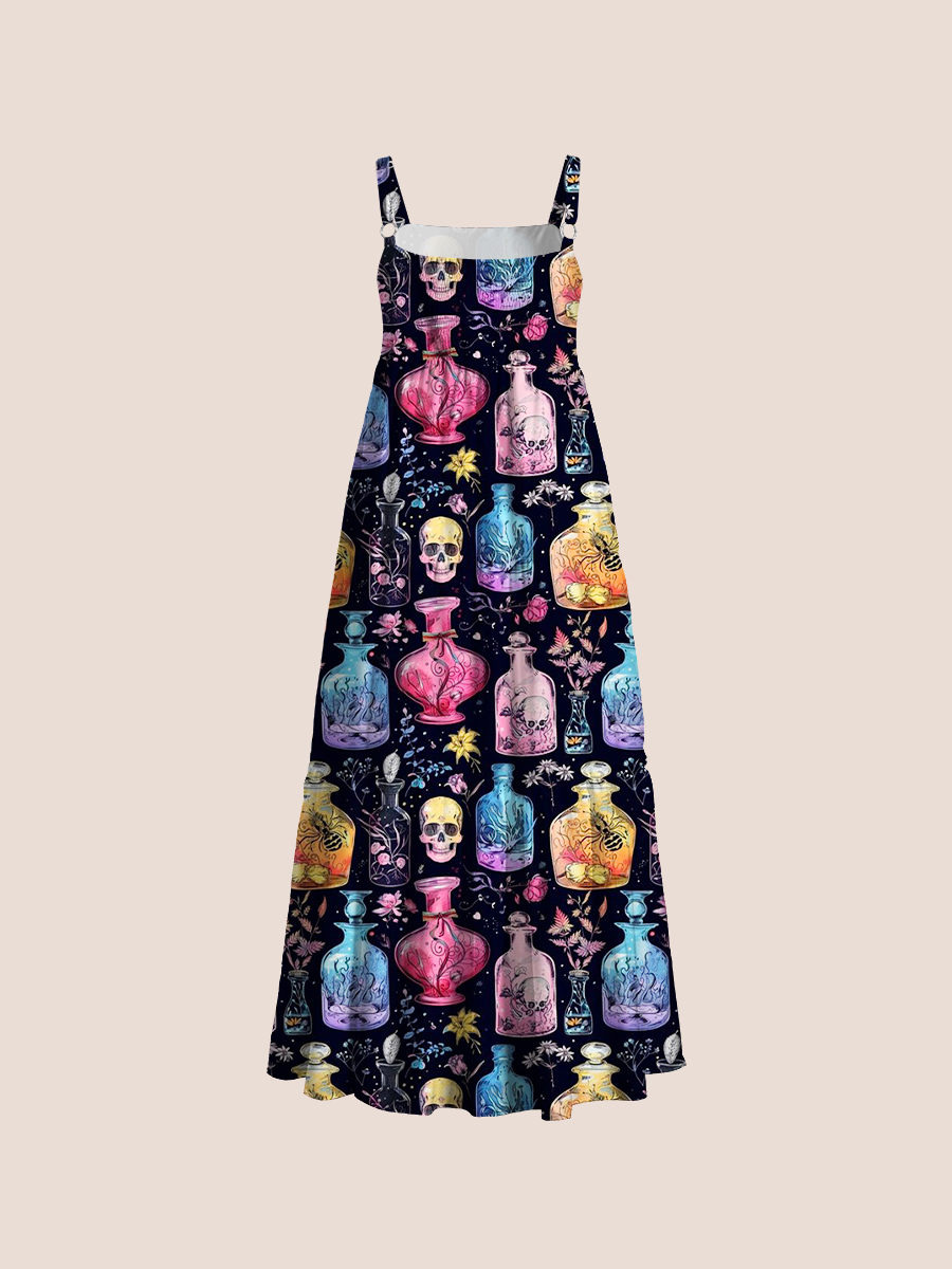 Gothic Floral Potion And Skull Adjustable Wide Straps Maxi Dress