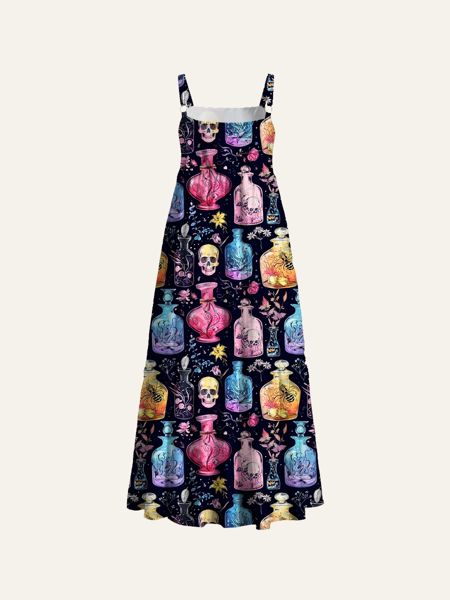 Gothic Floral Potion And Skull Adjustable Wide Straps Maxi Dress