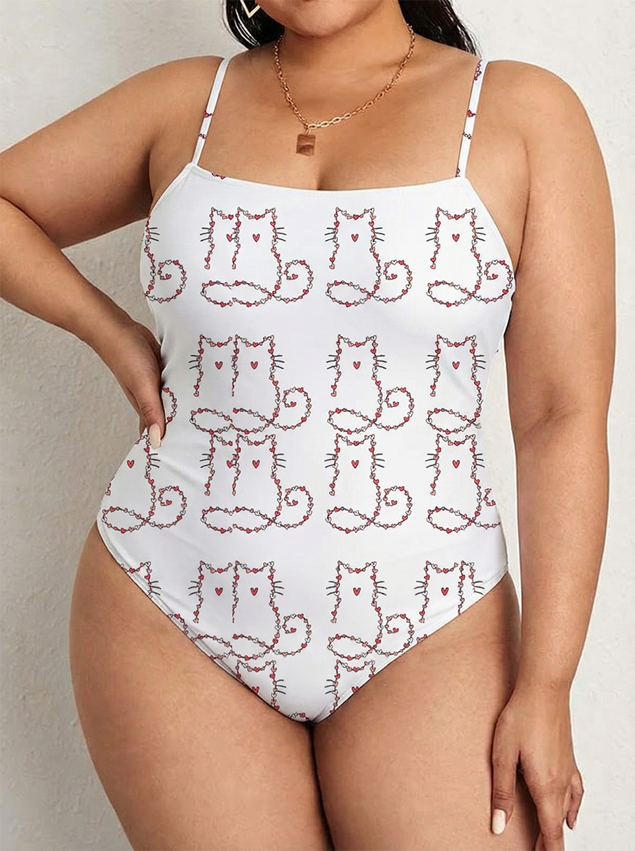 Vintage Cat One Piece Slim-Strap Swimsuit