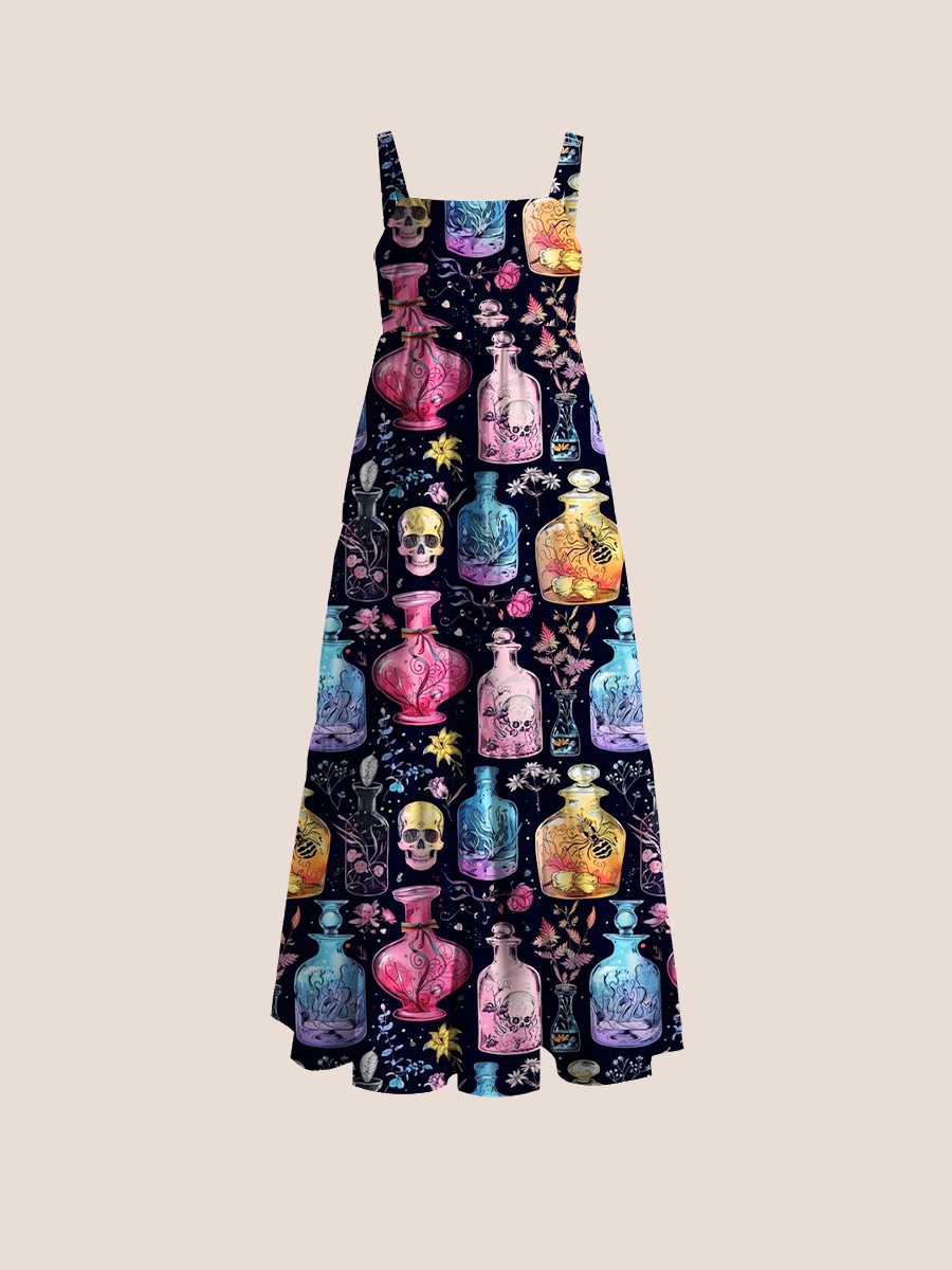 Gothic Floral Potion And Skull Adjustable Wide Straps Maxi Dress