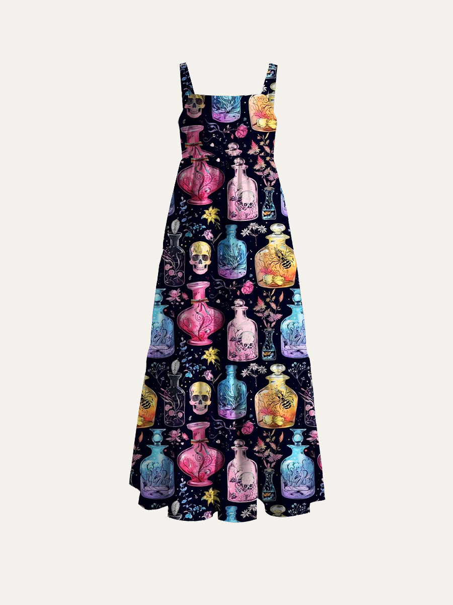 Gothic Floral Potion And Skull Adjustable Wide Straps Maxi Dress