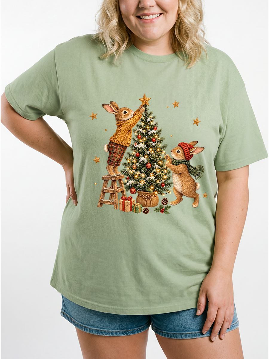 Vintage Rabbits Decorating Tree Oversize Graphic Tee