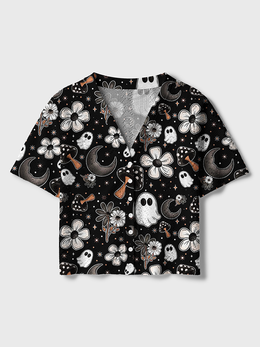 Cute Ghost Floral Mushroom Halloween Crochet Button Down Cardigan