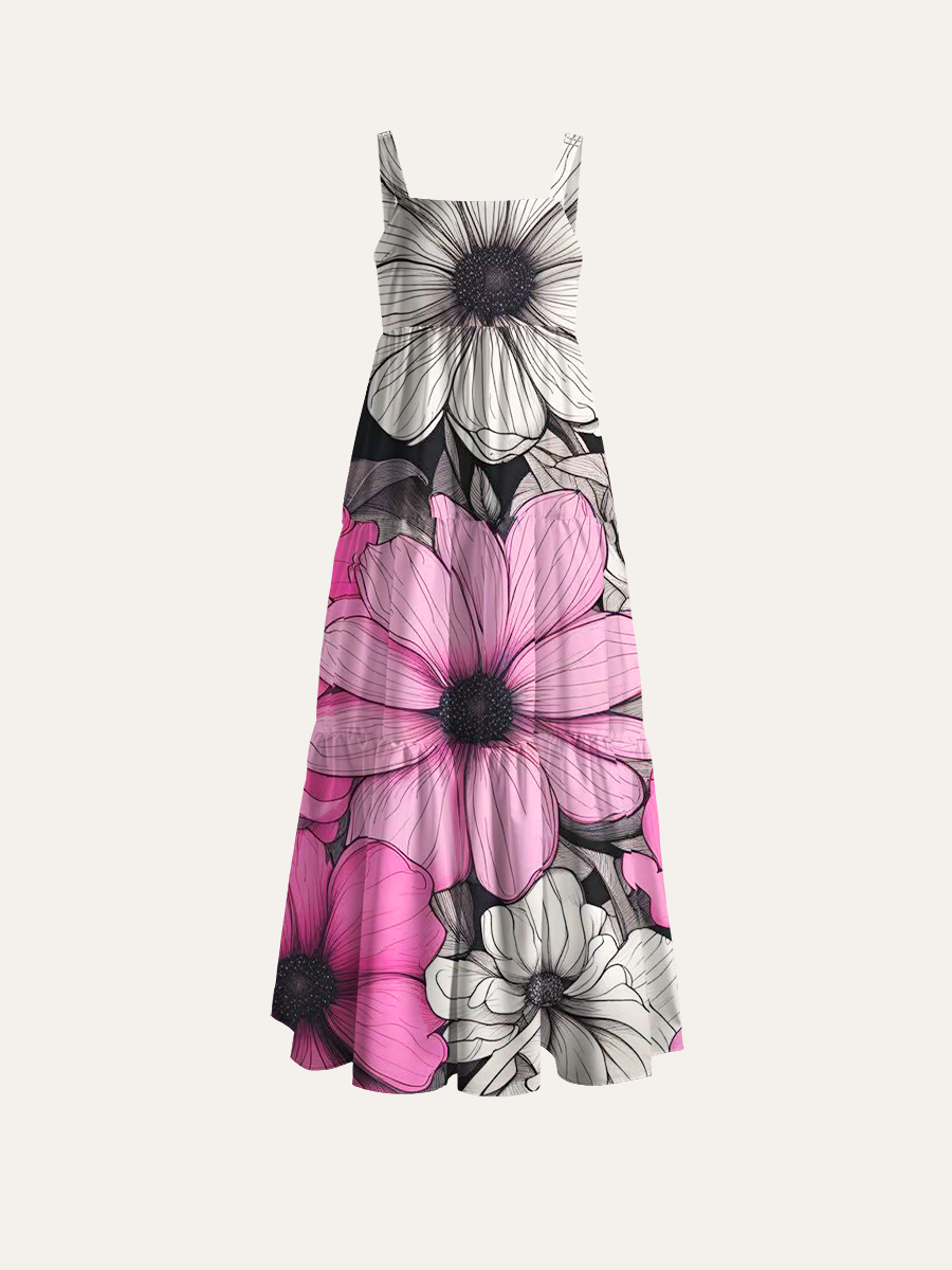 Black & Pink Floral Adjustable Wide Straps Maxi Dress