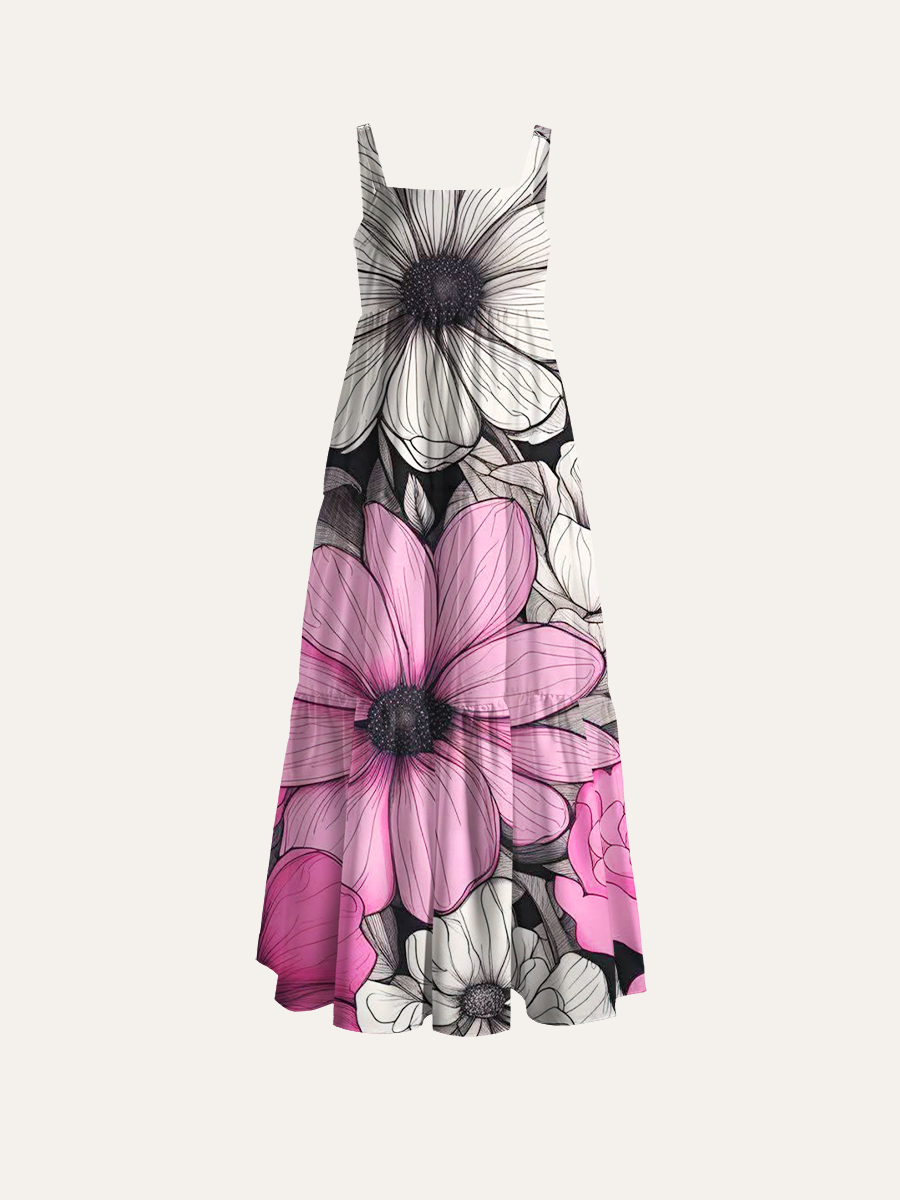 Black & Pink Floral Adjustable Wide Straps Maxi Dress