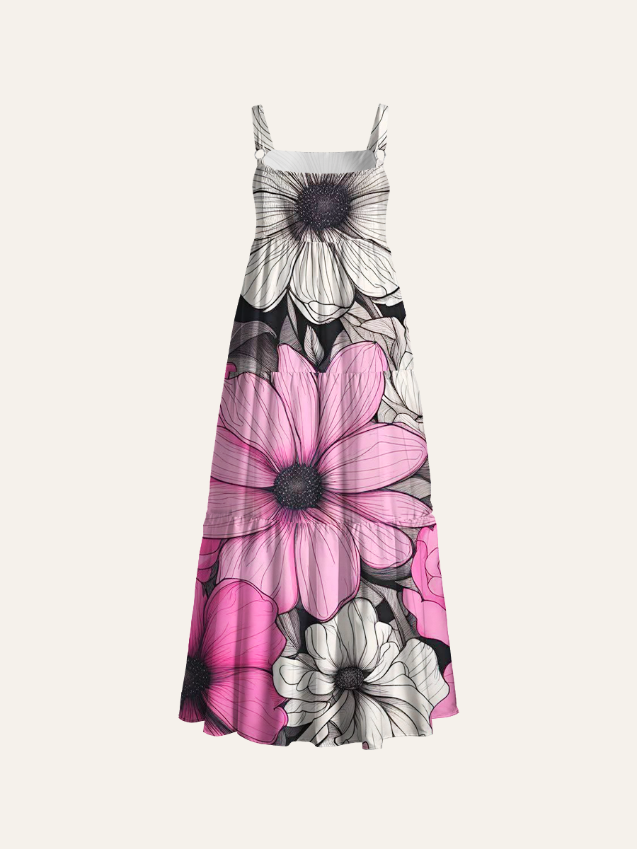 Black & Pink Floral Adjustable Wide Straps Maxi Dress