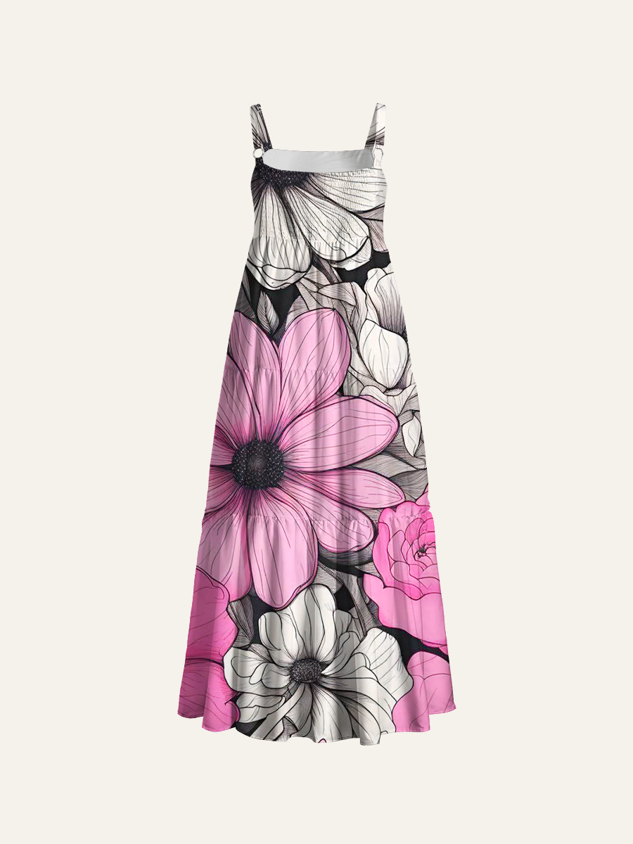 Black & Pink Floral Adjustable Wide Straps Maxi Dress