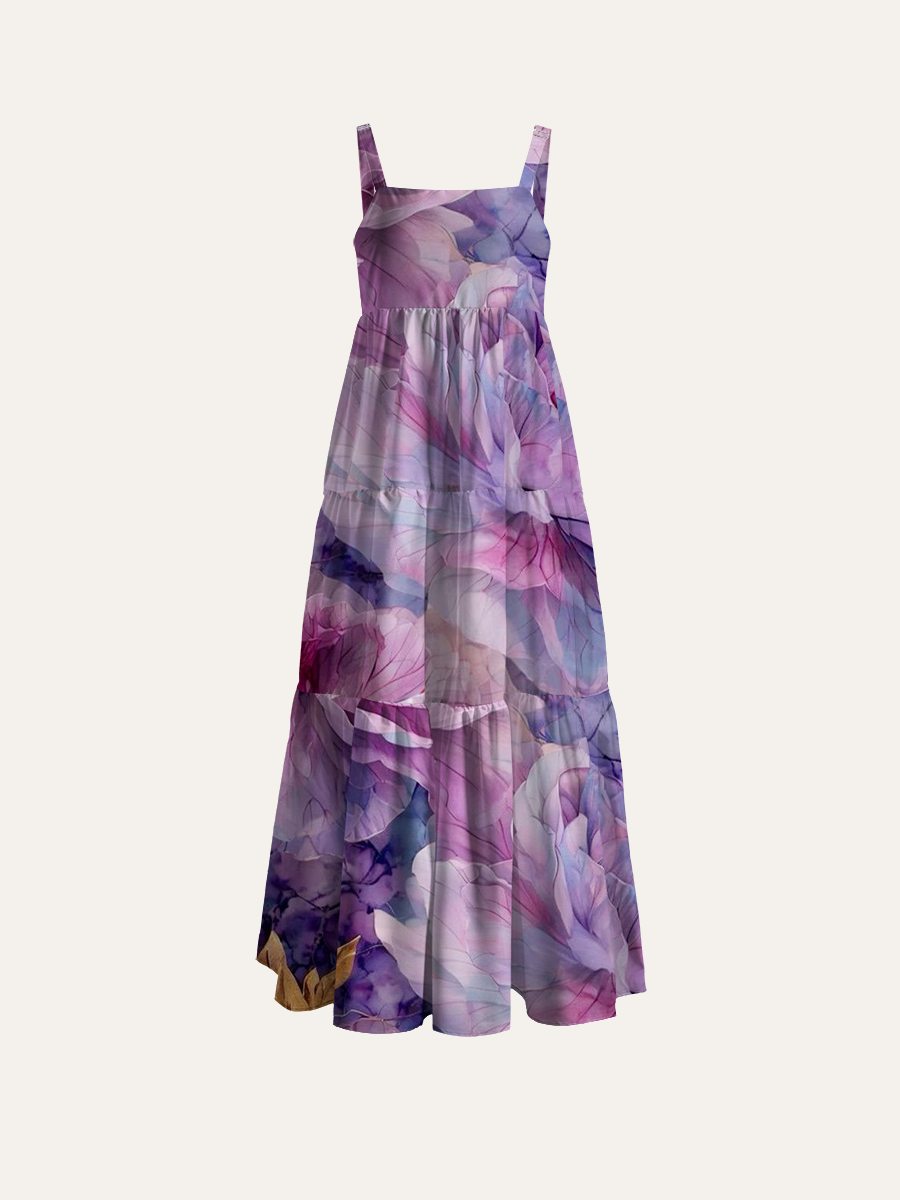 Soft Purple Botanical Adjustable Wide Straps Maxi Dress