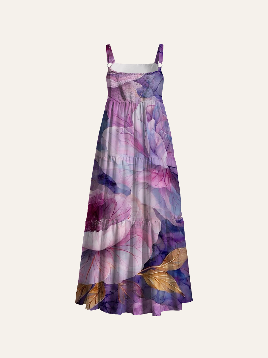 Soft Purple Botanical Adjustable Wide Straps Maxi Dress