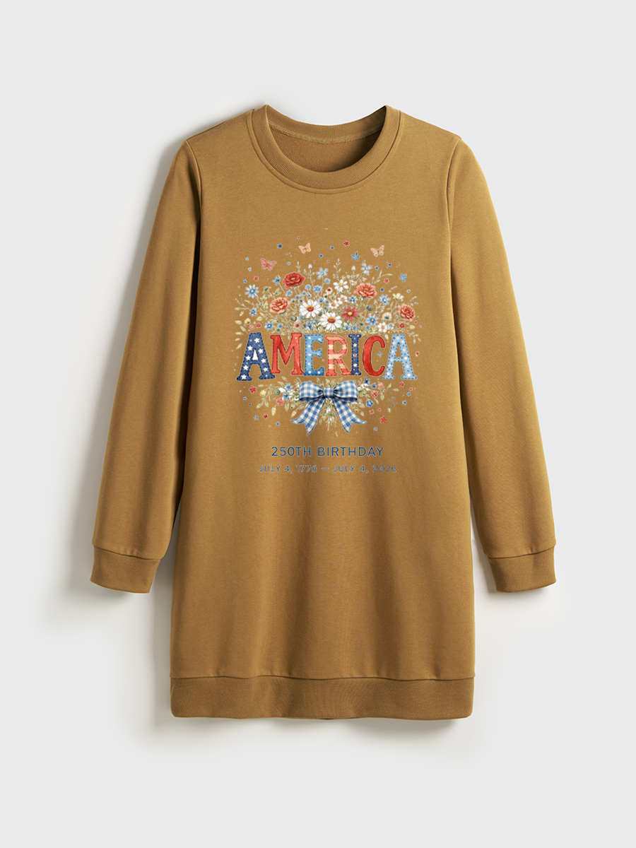4Th Of July 2026 Patriotic Floral Crewneck Terry Sweatshirt Dress