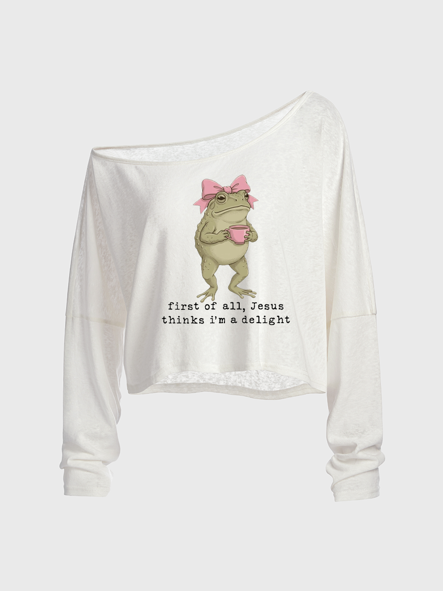Jesus Thinks I'M A Delight Christian Frog Off The Shoulder Sweatshirt