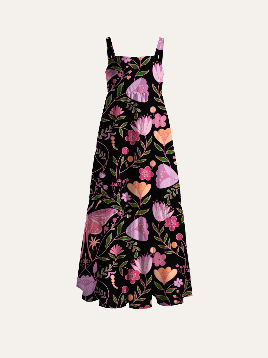 Whimsical Pink Moth Floral Adjustable Wide Straps Maxi Dress
