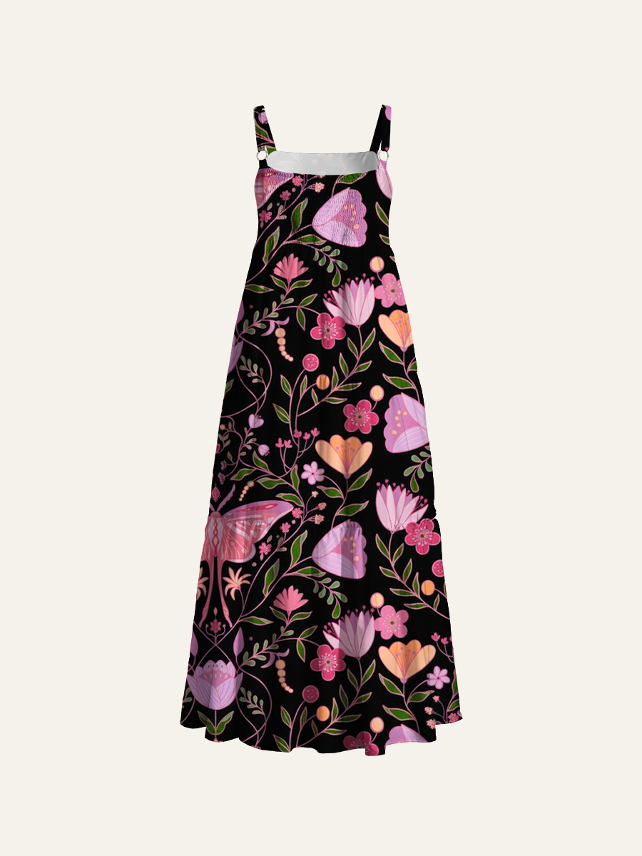 Whimsical Pink Moth Floral Adjustable Wide Straps Maxi Dress