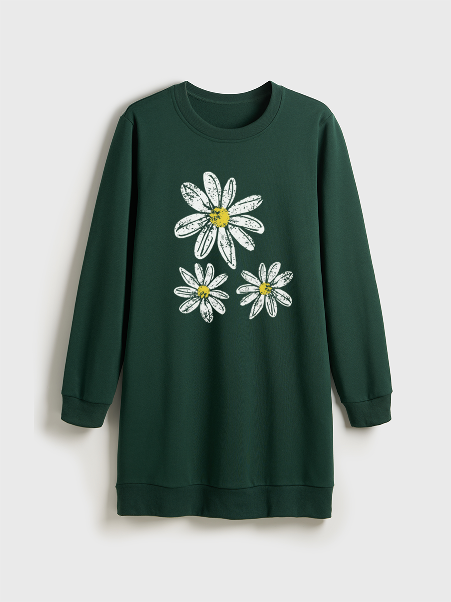 Boho Floral Daisy   Crewneck Terry Sweatshirt Dress