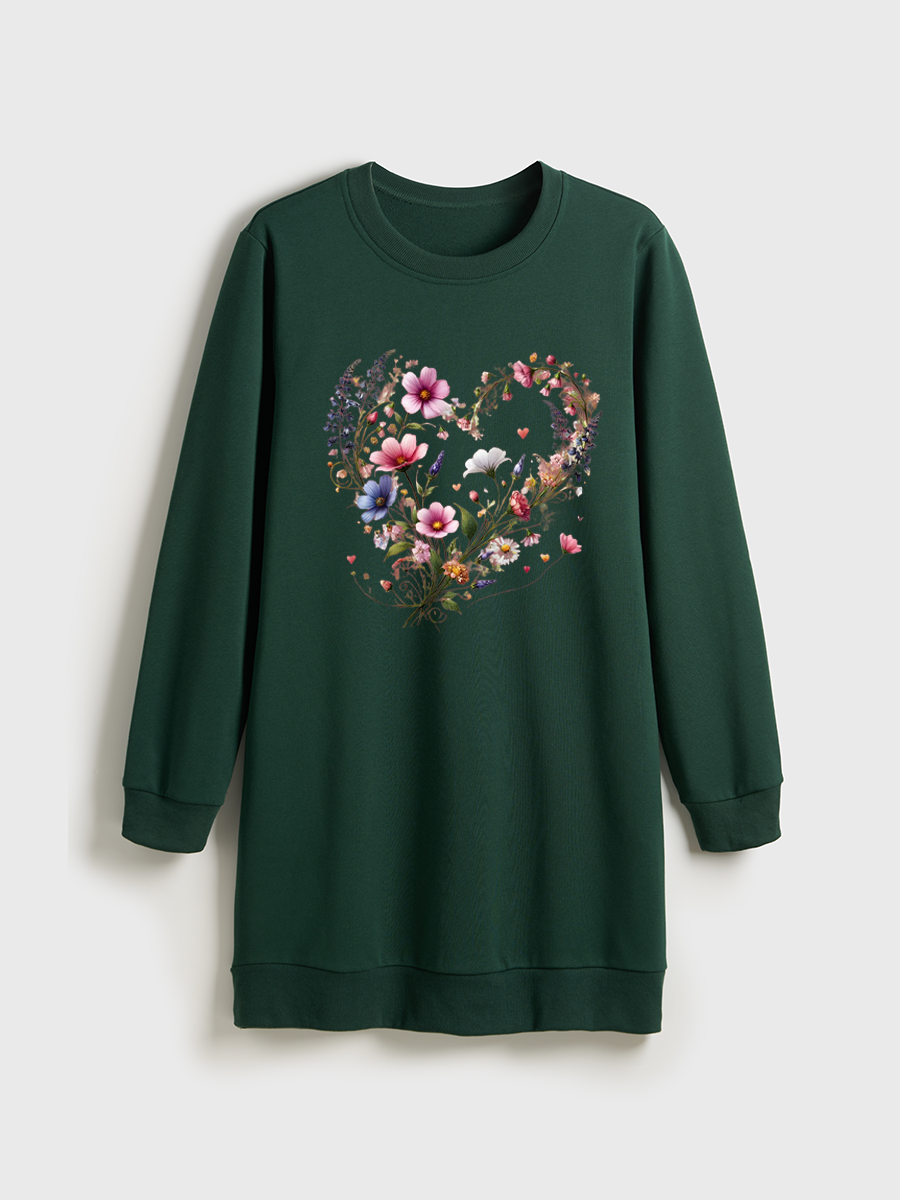 Aesthetic Floral Crewneck Terry Sweatshirt Dress