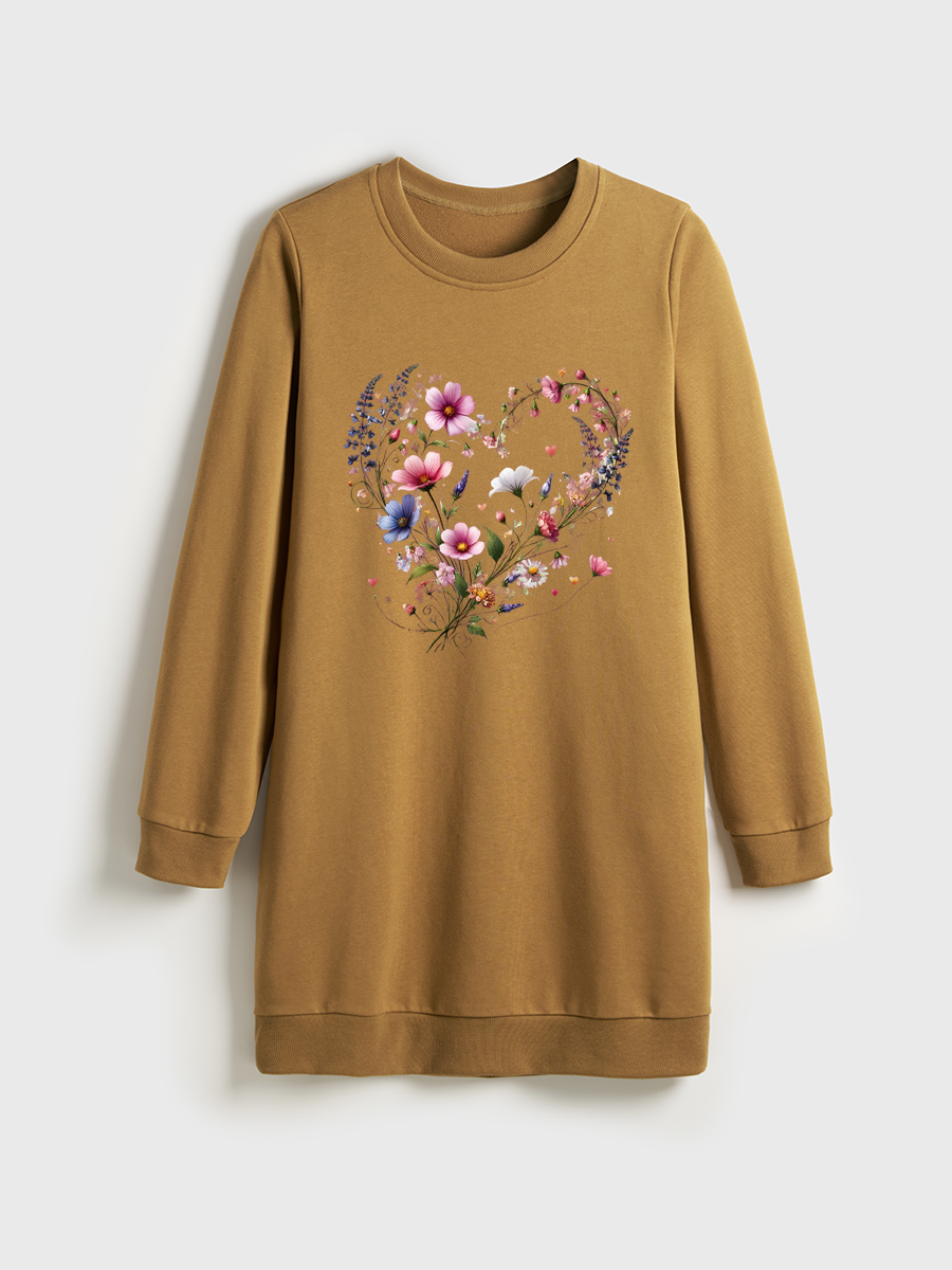 Aesthetic Floral Crewneck Terry Sweatshirt Dress