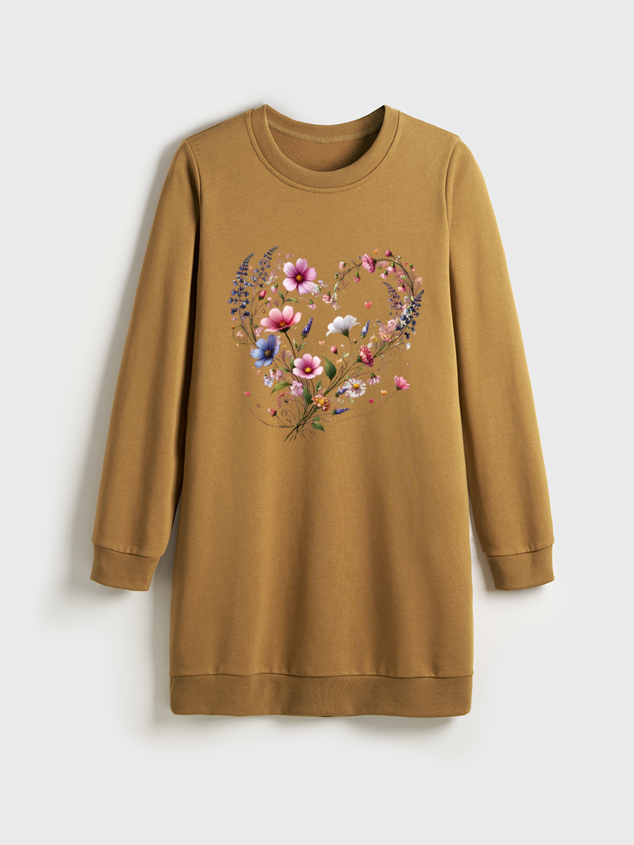 Aesthetic Floral Crewneck Terry Sweatshirt Dress