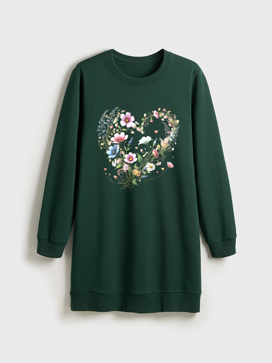 Aesthetic Floral Crewneck Terry Sweatshirt Dress