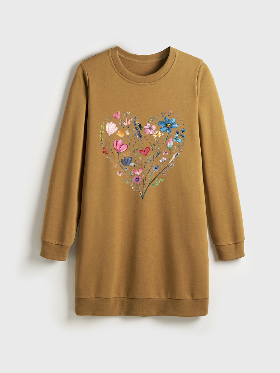  Botanical Floral Heart Crewneck Terry Sweatshirt Dress