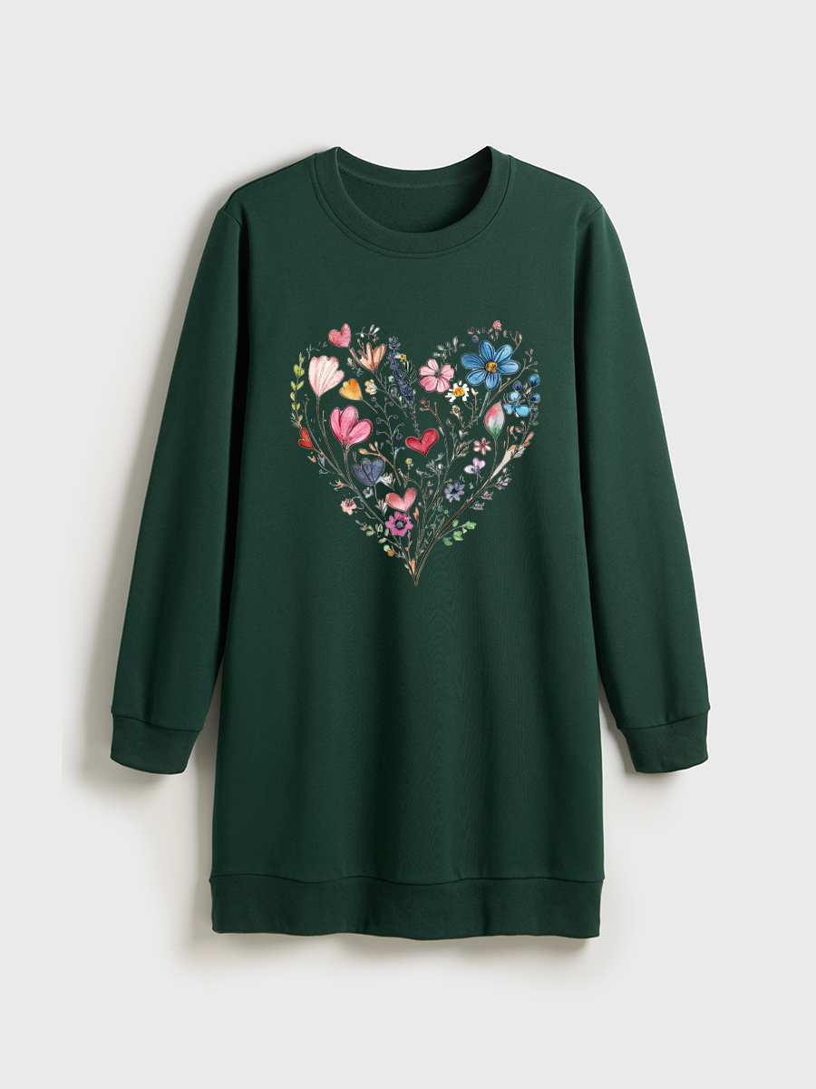  Botanical Floral Heart Crewneck Terry Sweatshirt Dress