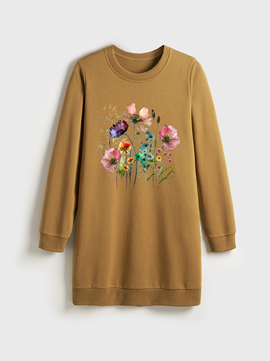 Boho Cottagecore Floral Crewneck Terry Sweatshirt Dress