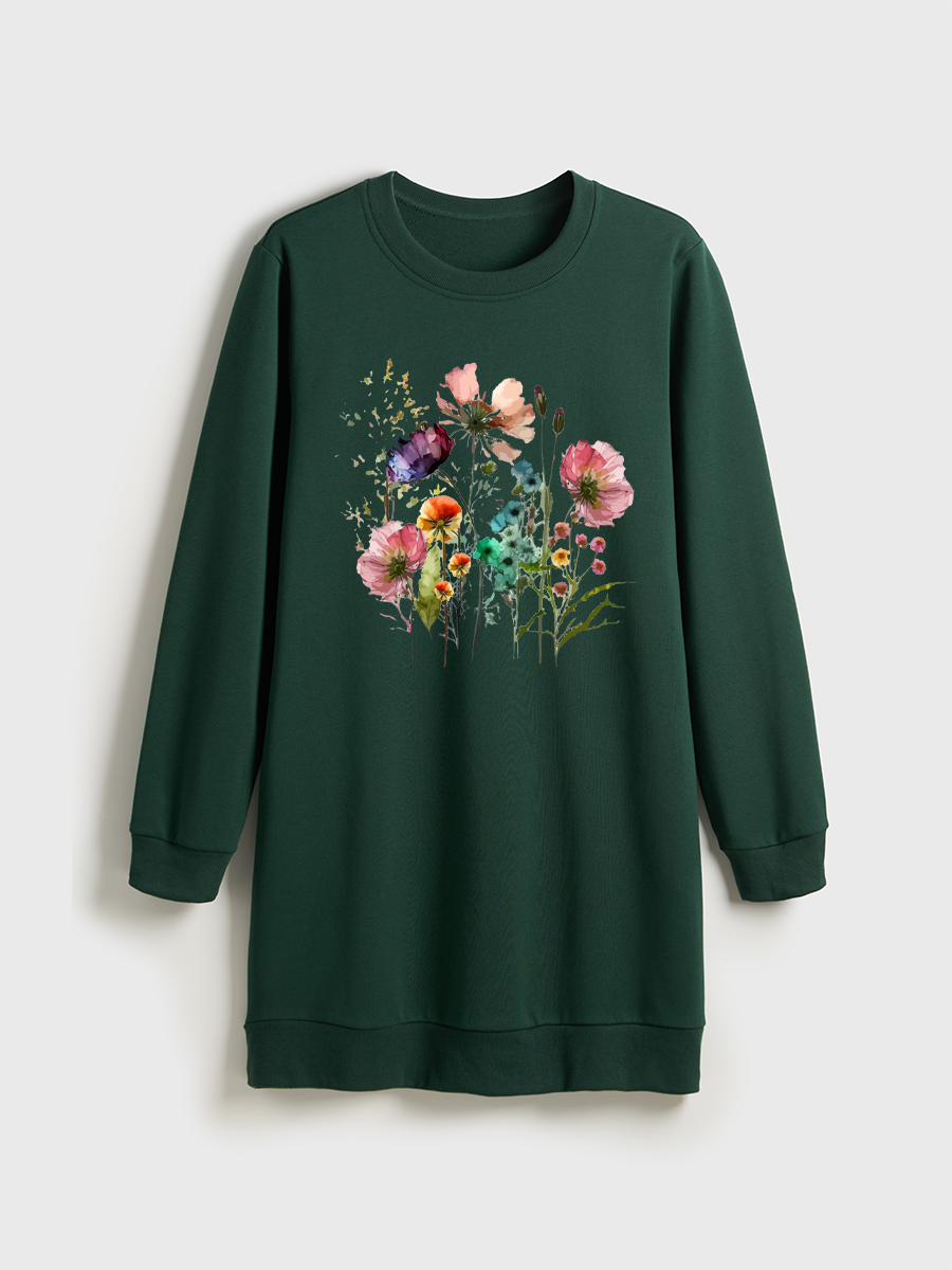 Boho Cottagecore Floral Crewneck Terry Sweatshirt Dress