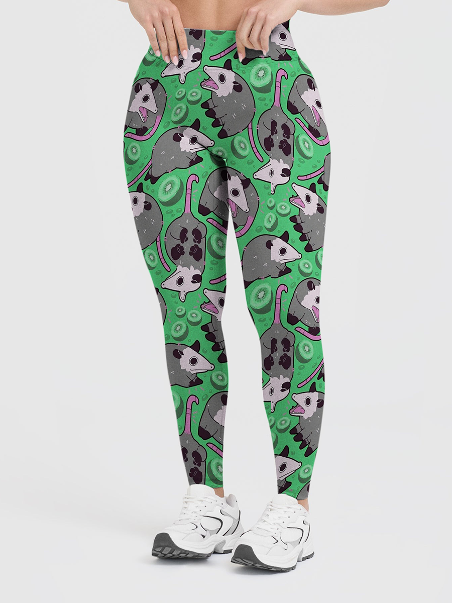 Vintage Cute Opossum Kiwi Fruit Leggings