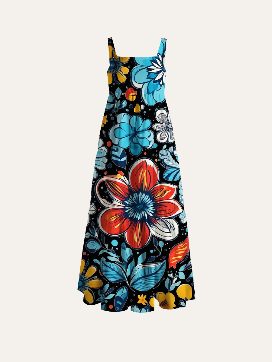 Retro Pop Art Adjustable Wide Straps Maxi Dress