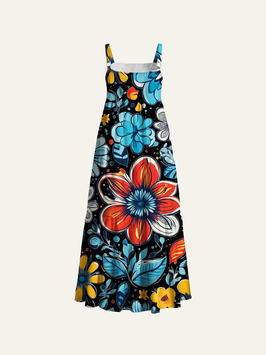 Retro Pop Art Adjustable Wide Straps Maxi Dress