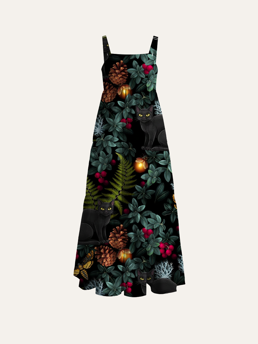 Mystical Black Cat Forest Adjustable Wide Straps Maxi Dress
