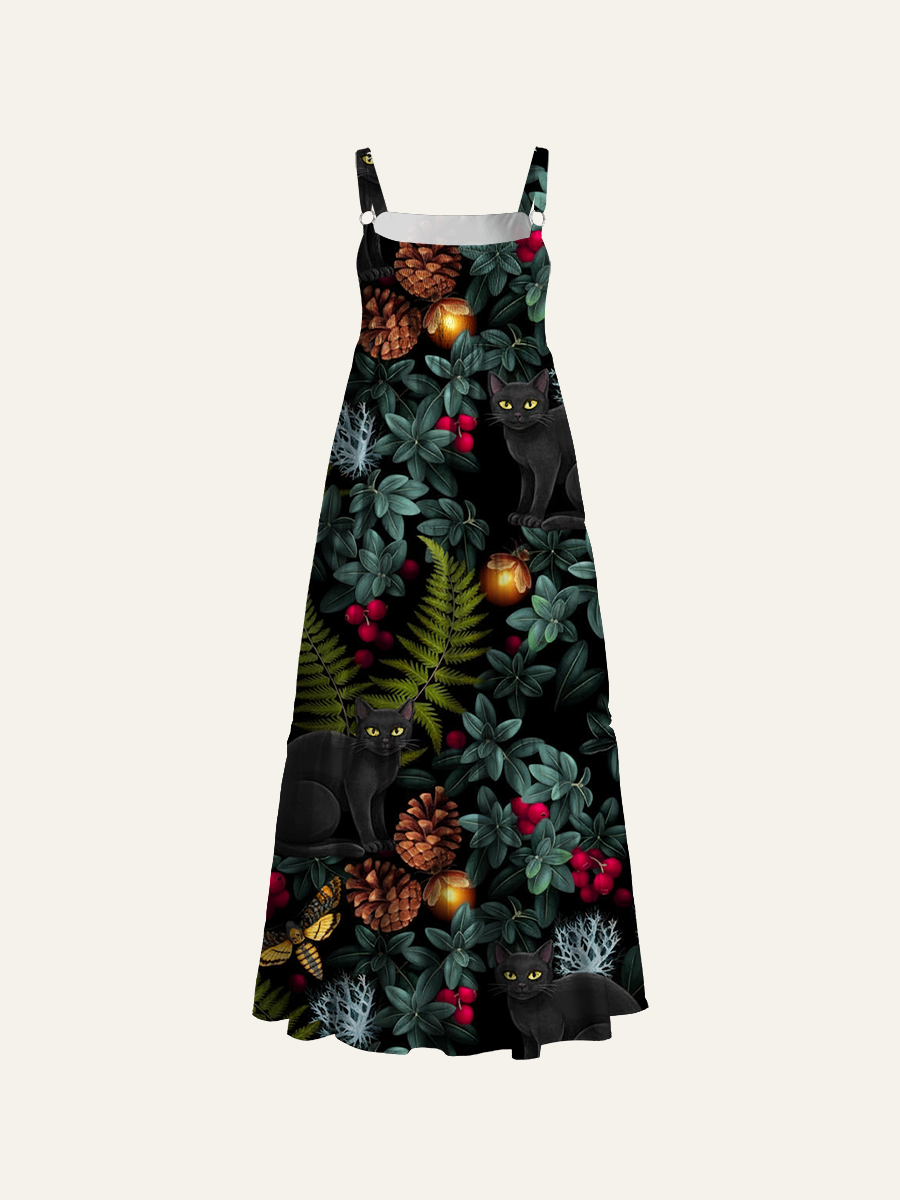 Mystical Black Cat Forest Adjustable Wide Straps Maxi Dress
