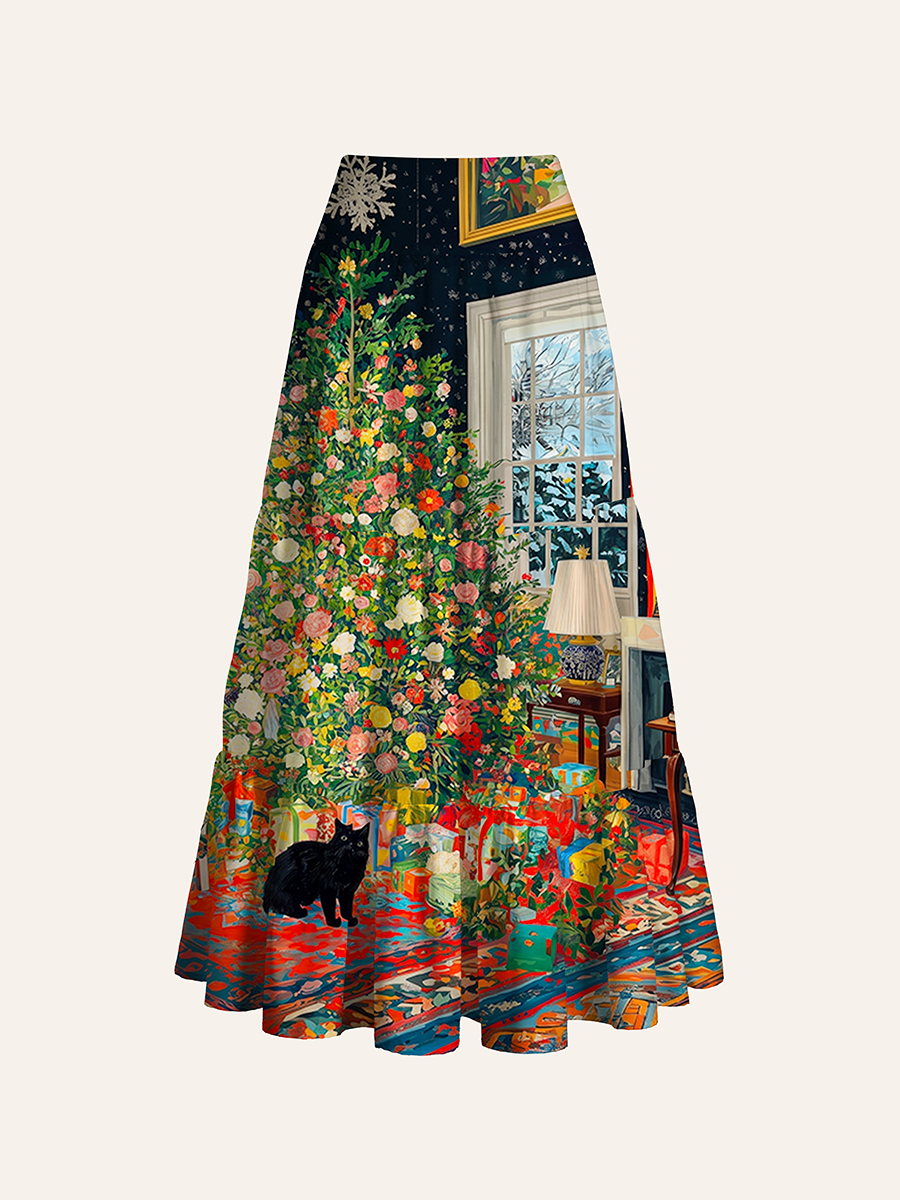 Floral Christmas Tree, Holiday Gifts, and Black Cat Indoor Scene Convertible Maxi Skirts