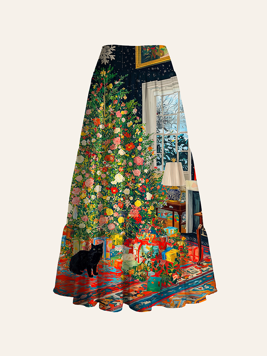 Floral Christmas Tree, Holiday Gifts, and Black Cat Indoor Scene Convertible Maxi Skirts