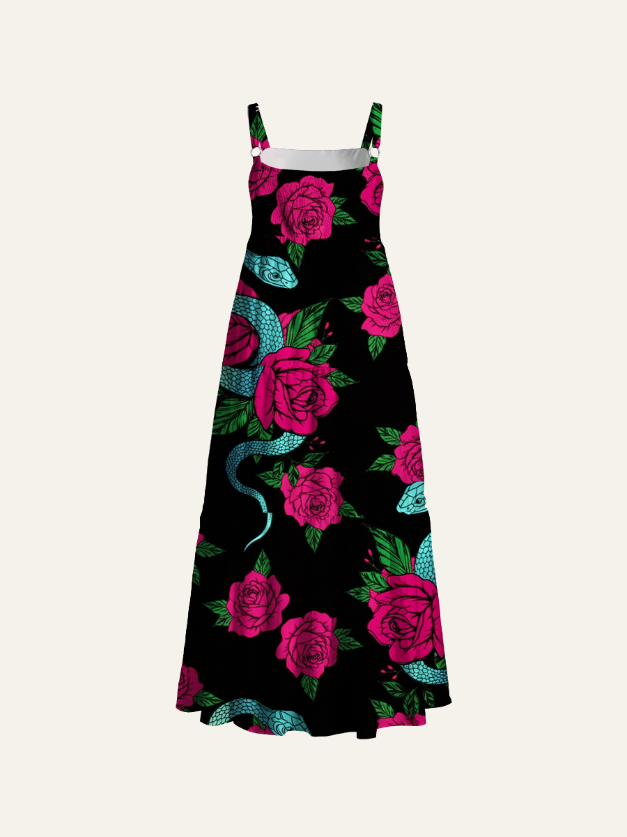 Edgy Rose & Snake Tattoo Adjustable Wide Straps Maxi Dress