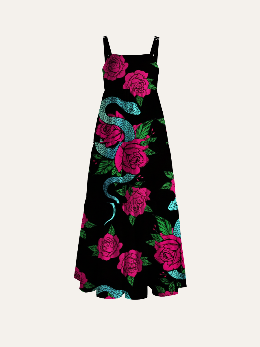 Edgy Rose & Snake Tattoo Adjustable Wide Straps Maxi Dress