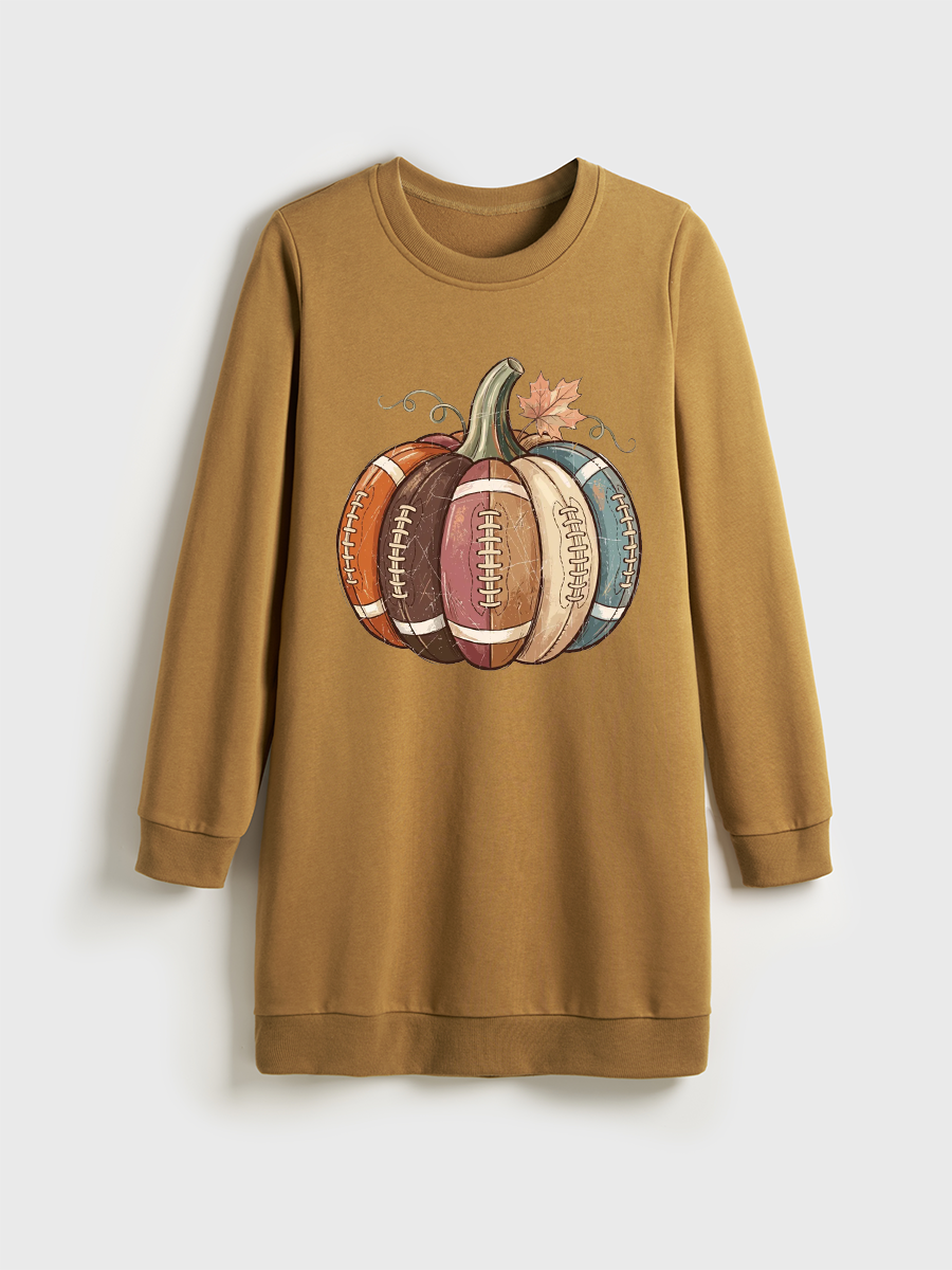 Football Fall Pumpkin Crewneck Terry Sweatshirt Dress