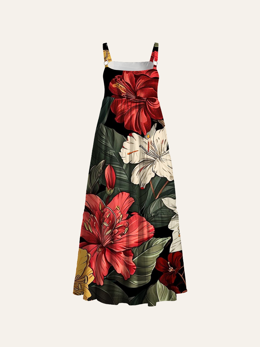 Dark Victorian Floral Adjustable Wide Straps Maxi Dress